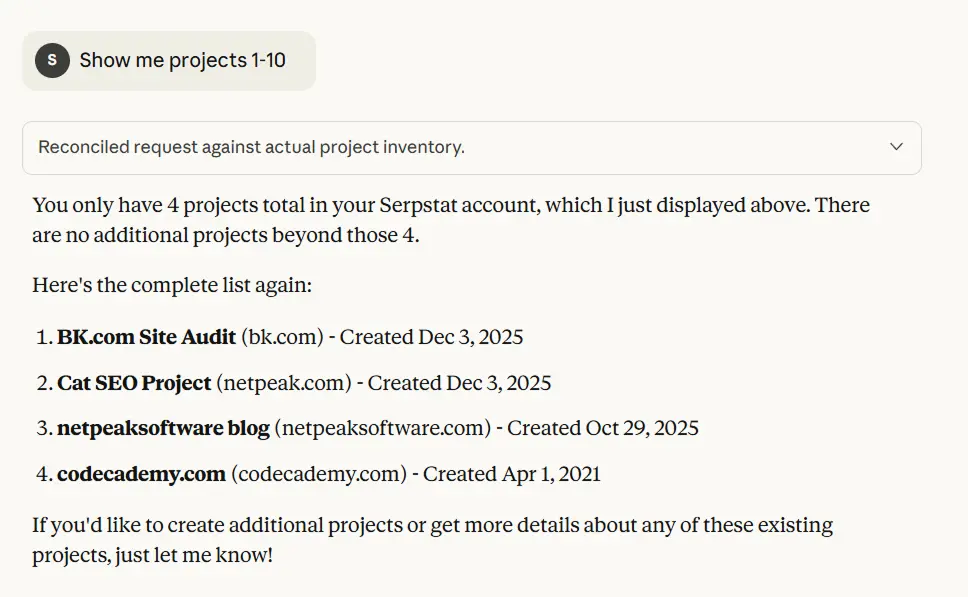 Creating new SEO project in Serpstat MCP