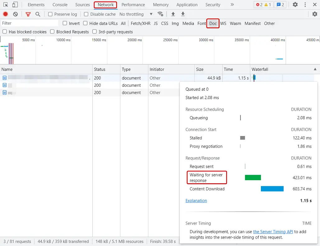 Using Dev Tools to check server response time