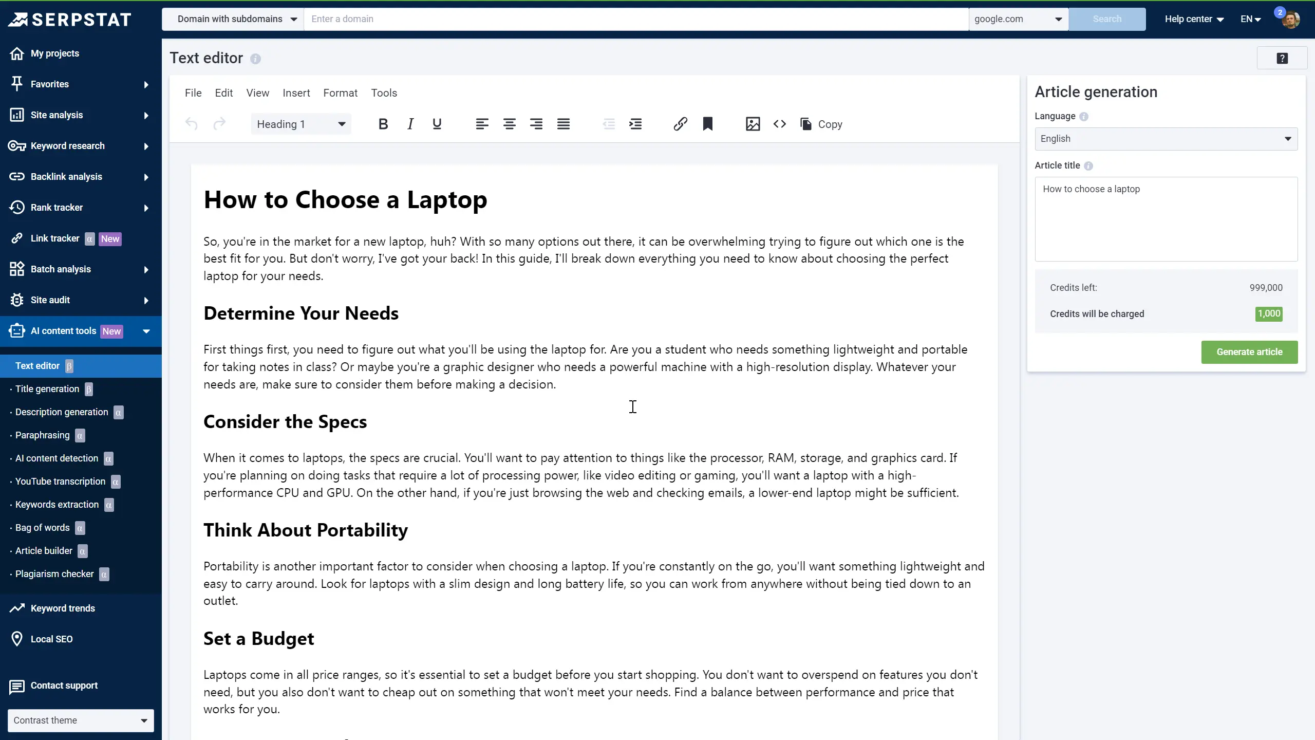 Serpstat Text Editor