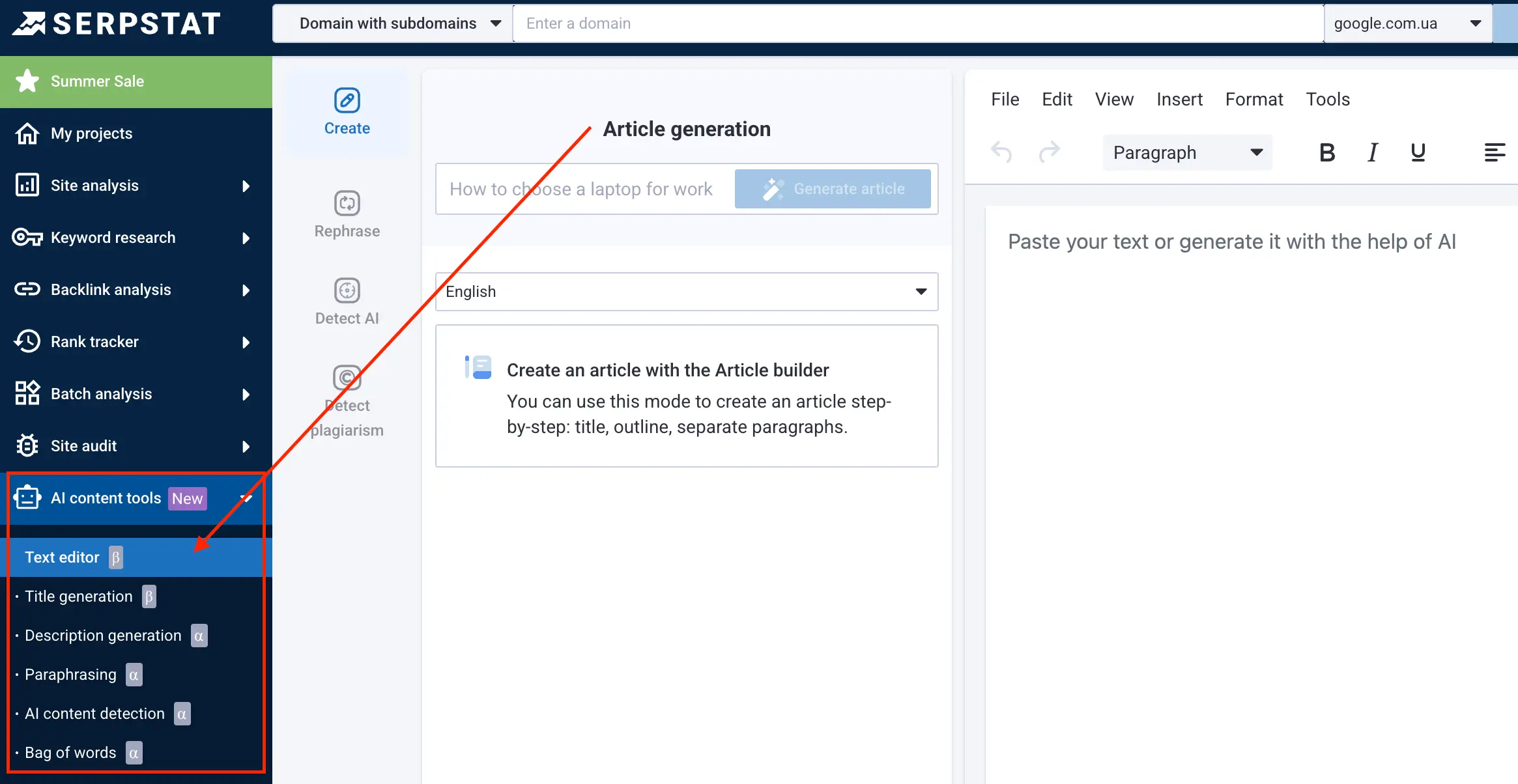 Text Editor tool from Serpstat