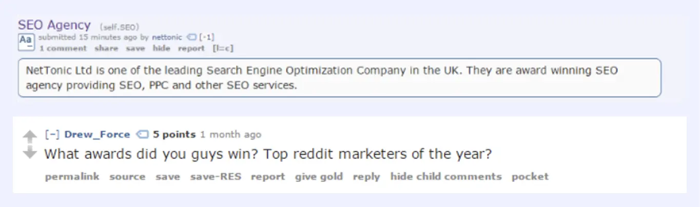 Приклад "What awards did you guys win? Top reddit marketers of the year?"