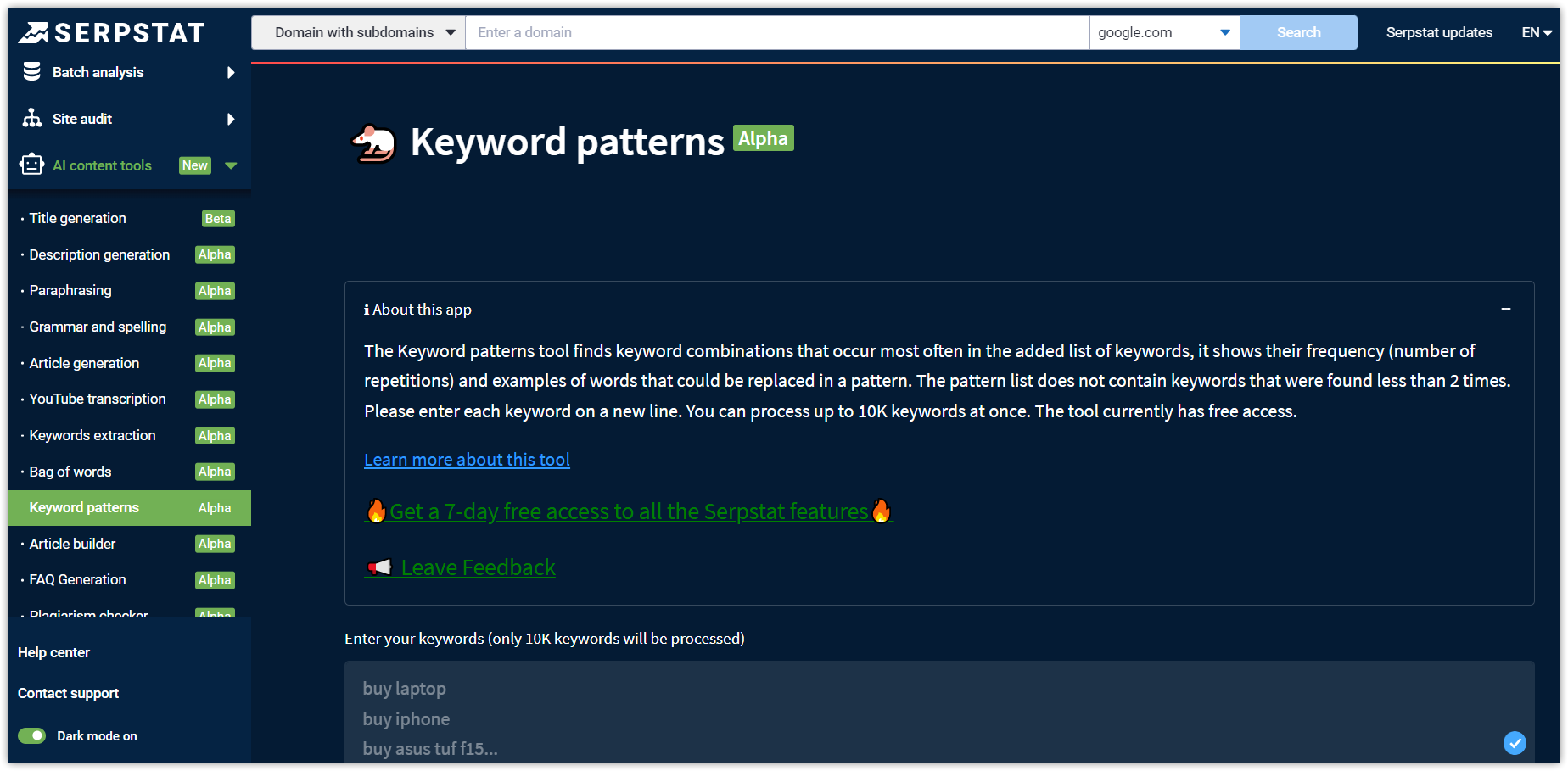 Keyword patterns Serpstat tool