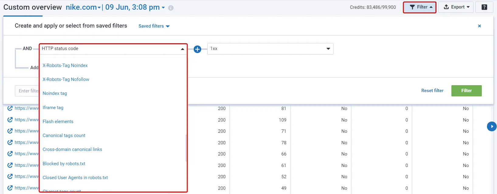 filters in custom overview