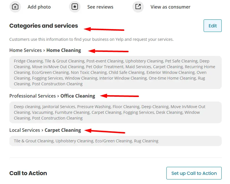 Налаштування категорій та послуг в YELP для клінінгової компанії