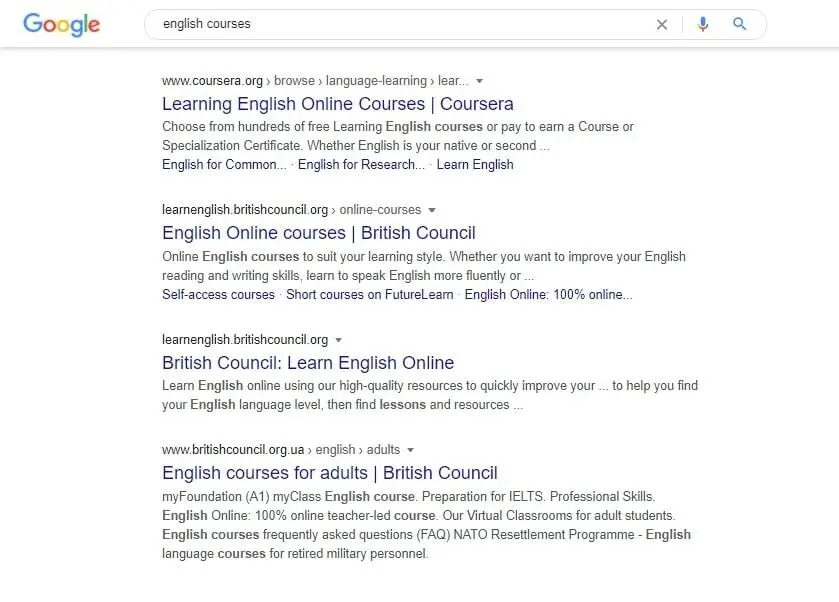 Organic search results Google