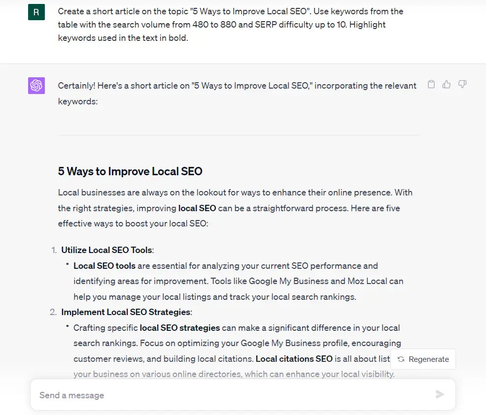 Creating an article with ChatGPT SEO plugin