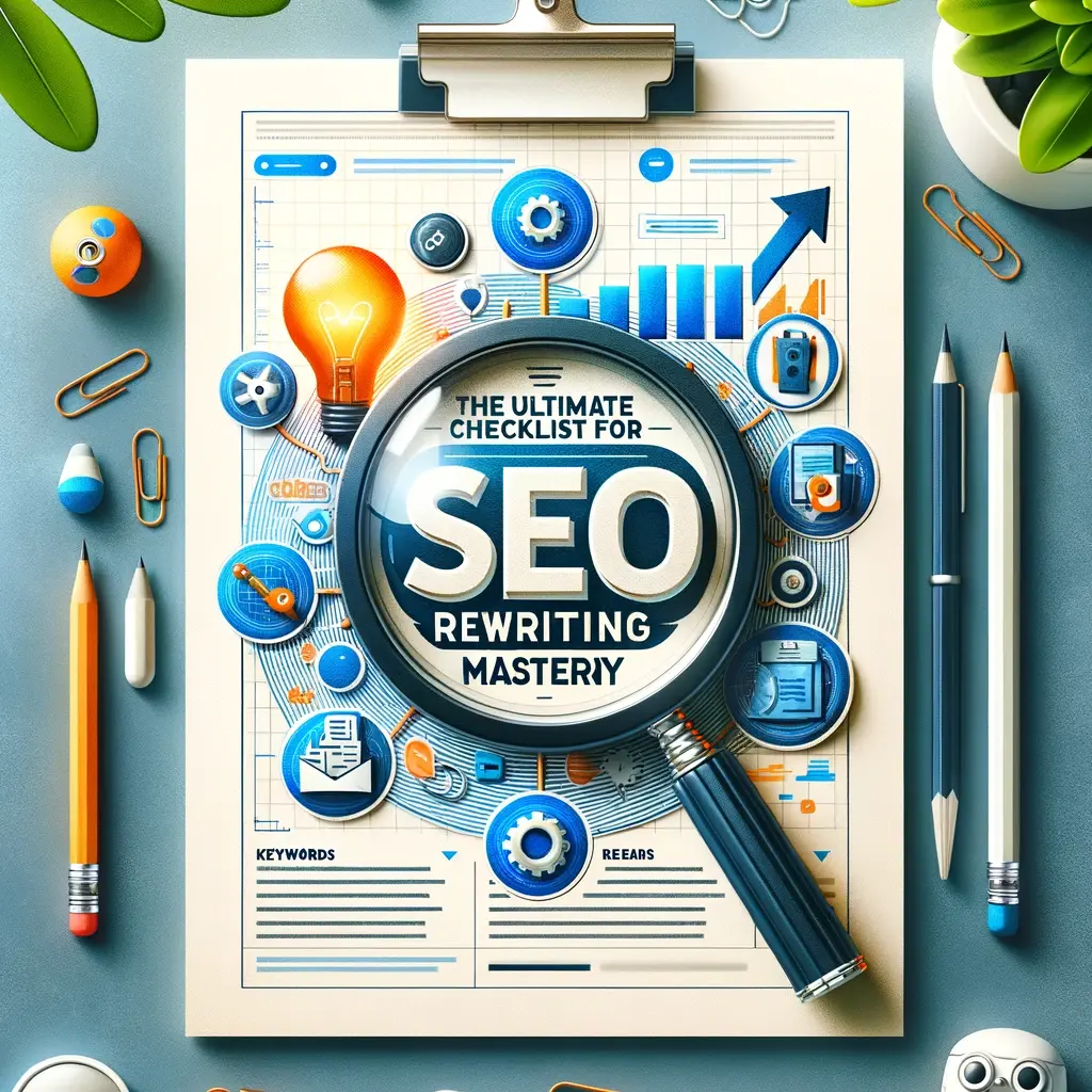 SEO Rewriting Checklist cover with steps for content optimization and keyword focus.