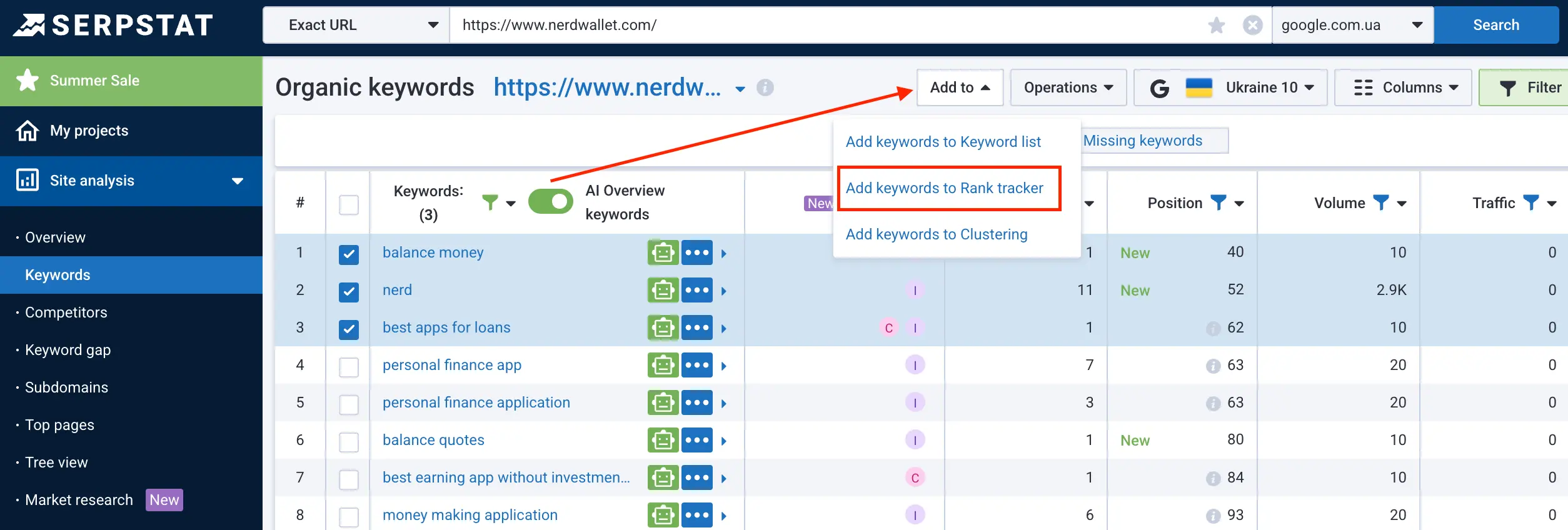Adding AI phrases to Serpstat rank tracking
