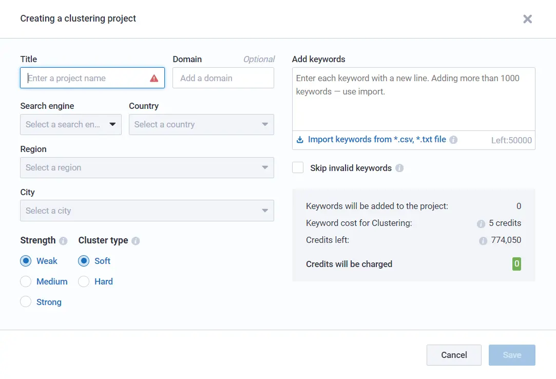 Keyword clustering settings