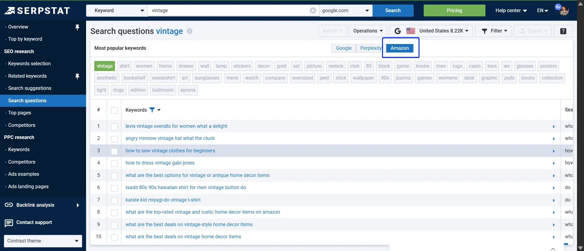 Serpstat keyword research interface