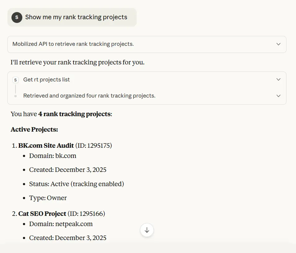 Creating new SEO project in Serpstat MCP