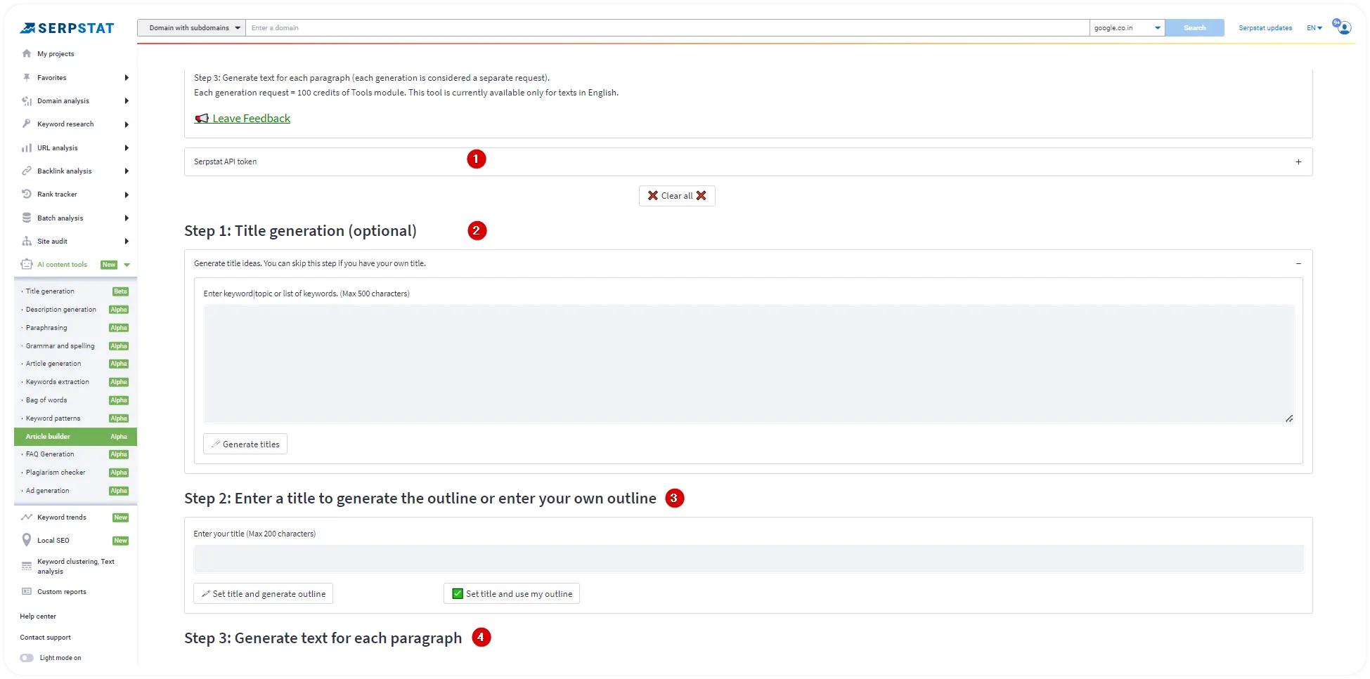 Screens،t of Serpstat Article Builder tool interface featuring options for generating new ،les, structuring articles, optimizing for trending keywords, content generation, real-time editing, keyword tracking with visual indicators, and a preview option for reviewing the final article layout.