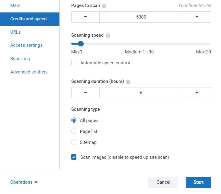 Credits and speed settings