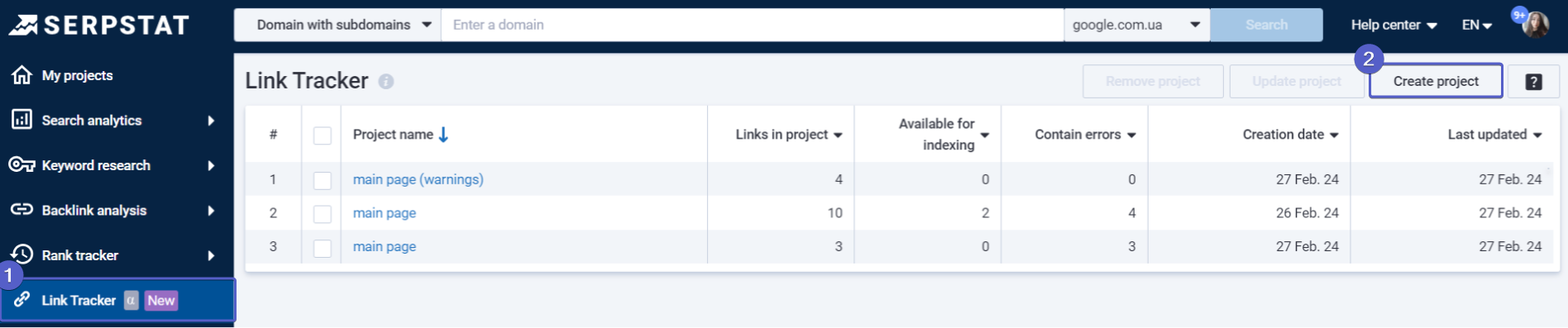 link tracker list of projects