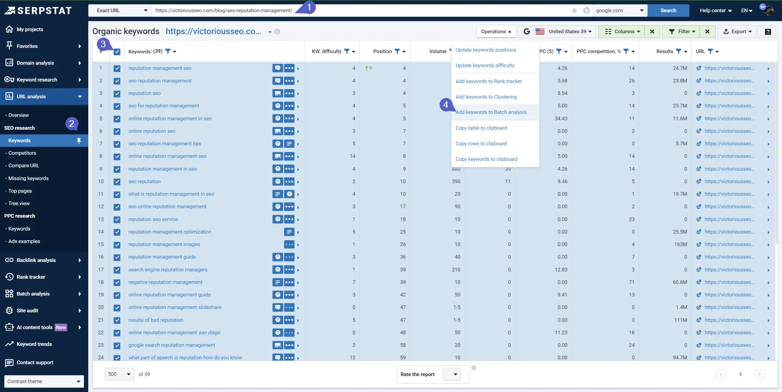 Keyword research for content brief, Serpstat