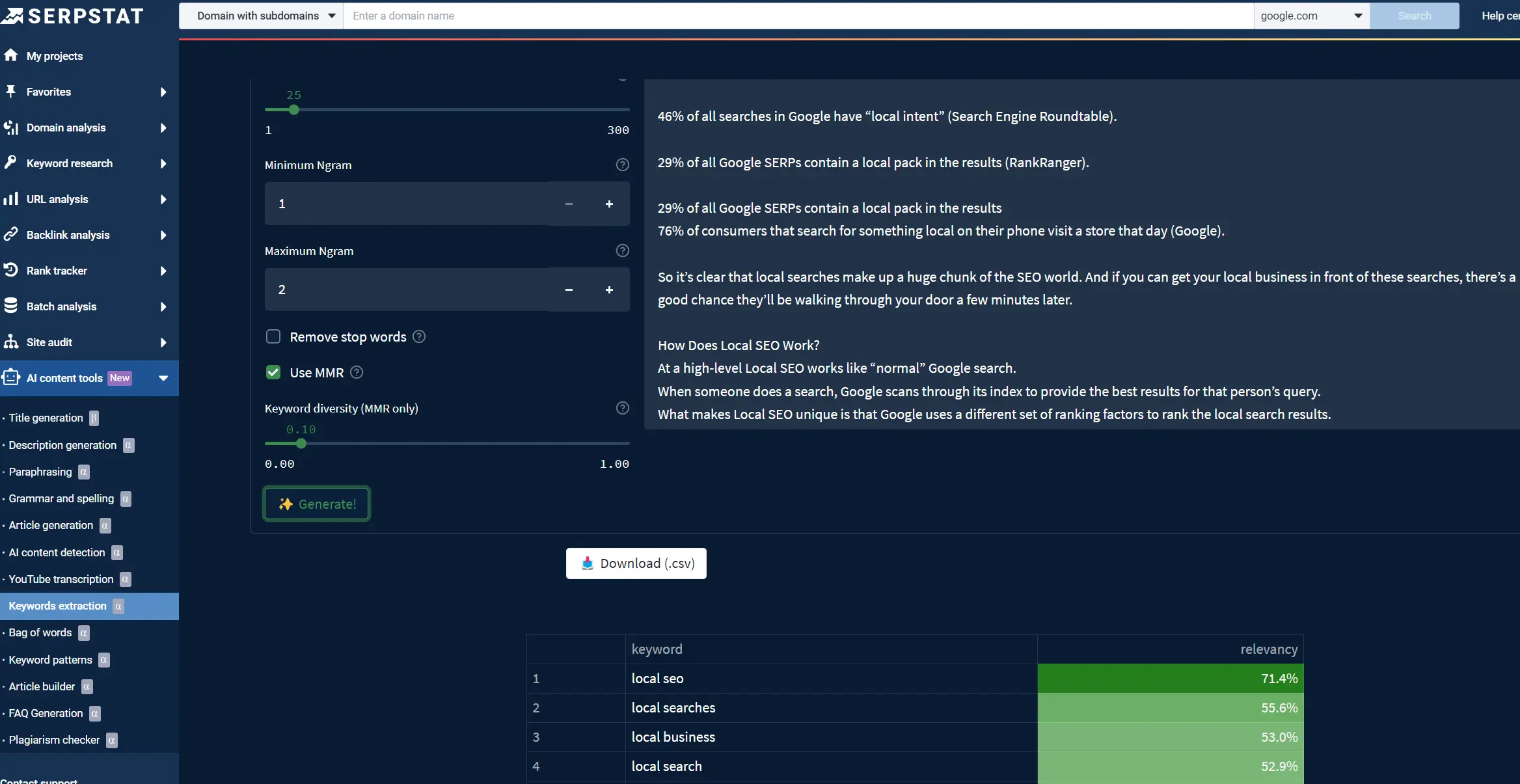 Keyword extraction in Serpstat