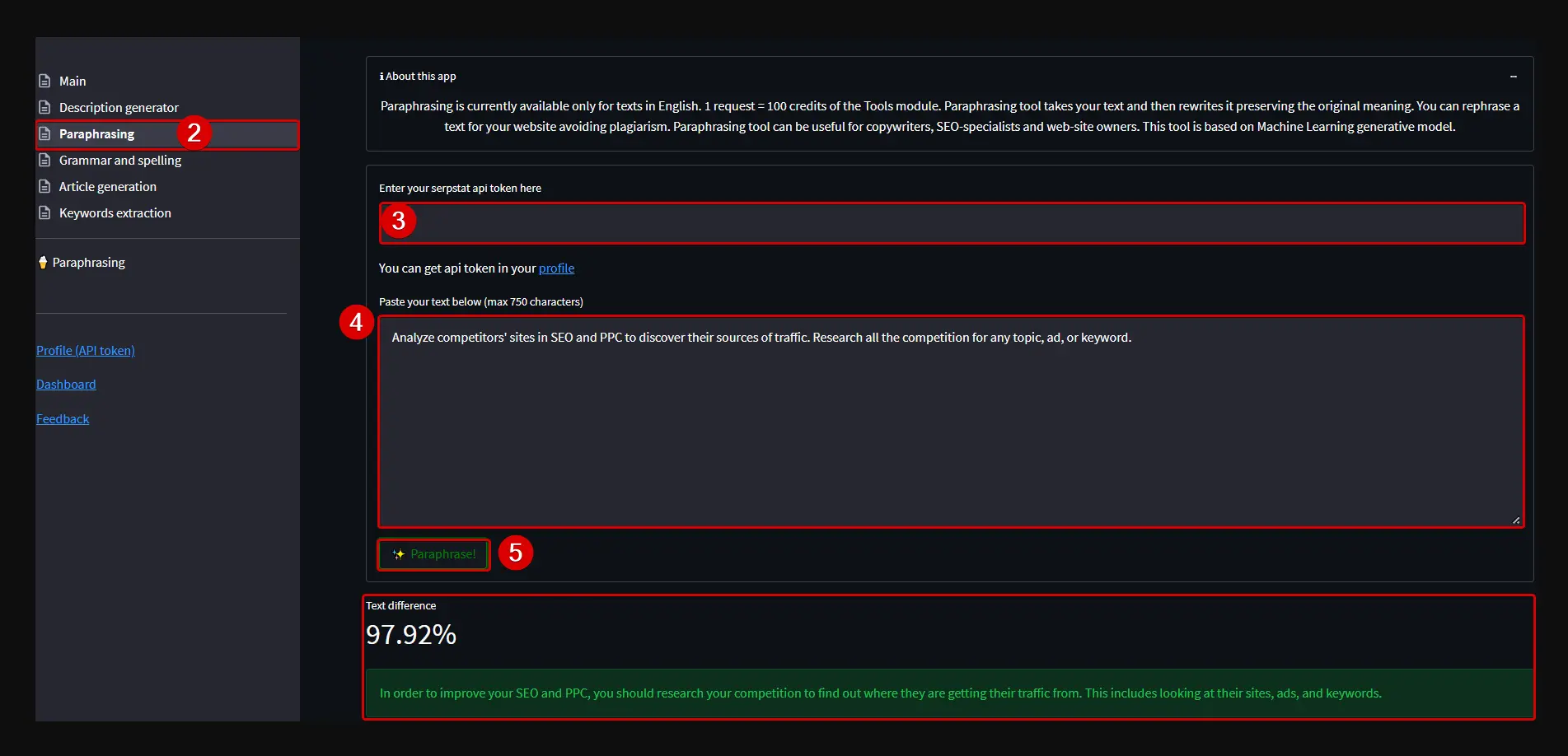 Screenshot of Serpstat Paraphrasing Tool interface showing features for enhancing article uniqueness, time-saving paraphrasing process, meaning preservation, professional versatility, ease of use, resource management, and available support.