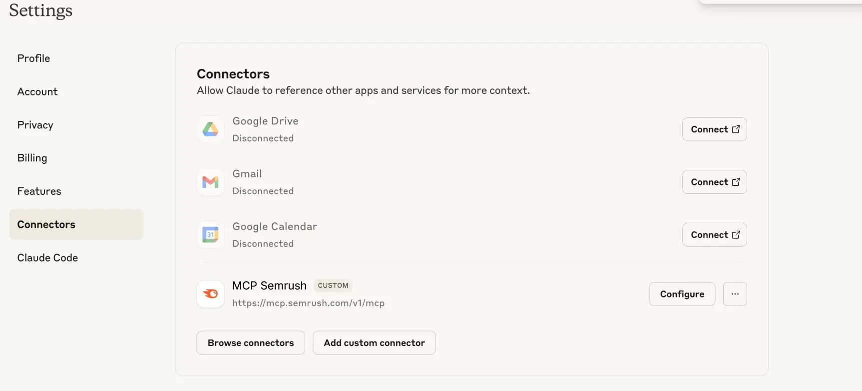 Semrush MCP connectors screenshot