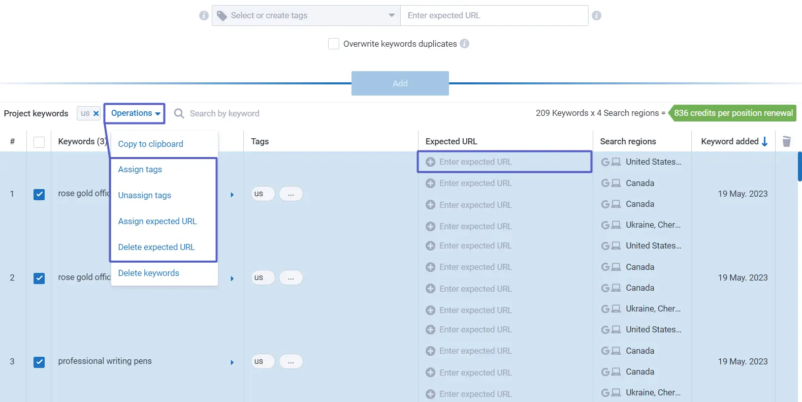 Keywords operations