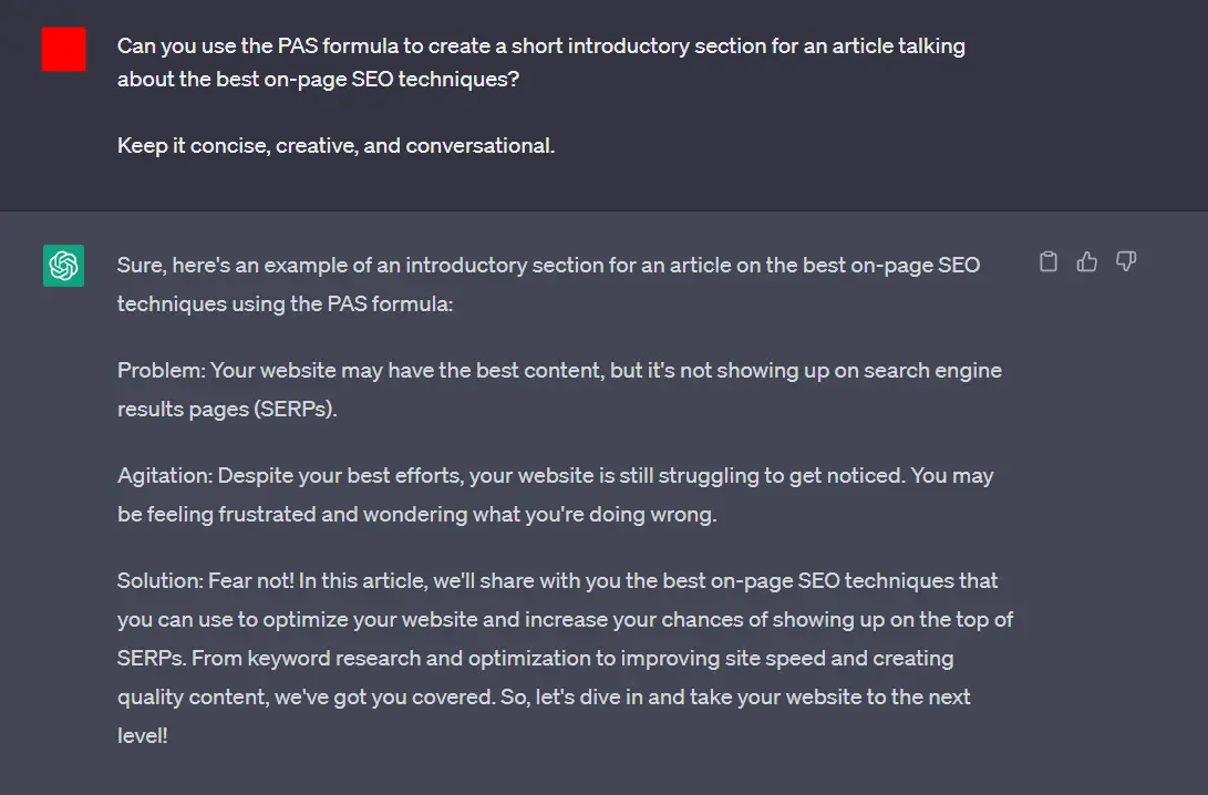 asking ChatGPT to use the PAS formula to create a short introductory section for an article talking about the best on-page SEO techniques
