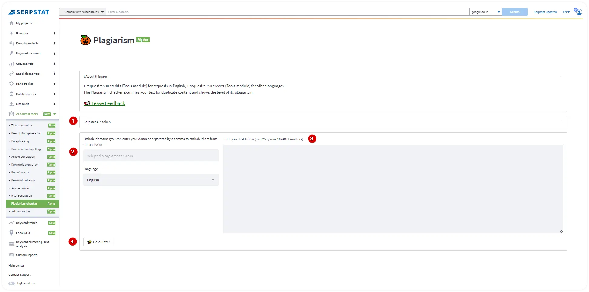 Screenshot of Serpstat Plagiarism Checker tool interface with highlighted features for identifying non-unique content, measuring content originality, providing source comparisons, and enabling progress checks for article rewriting.