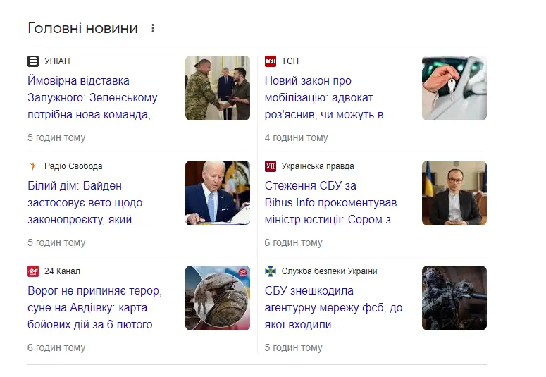 Список новин (Top stories for query)