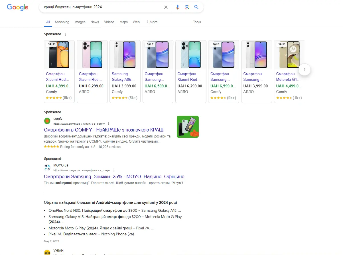 Запит «кращі бюджетні смартфони 2024»