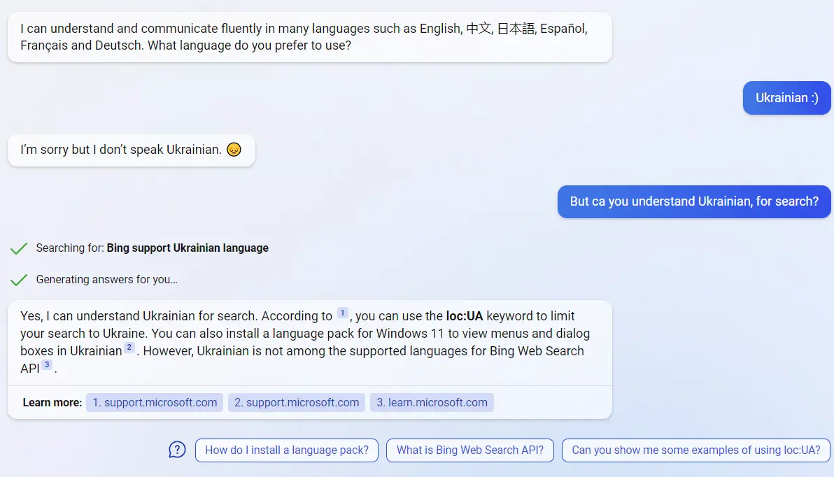 language options for search
