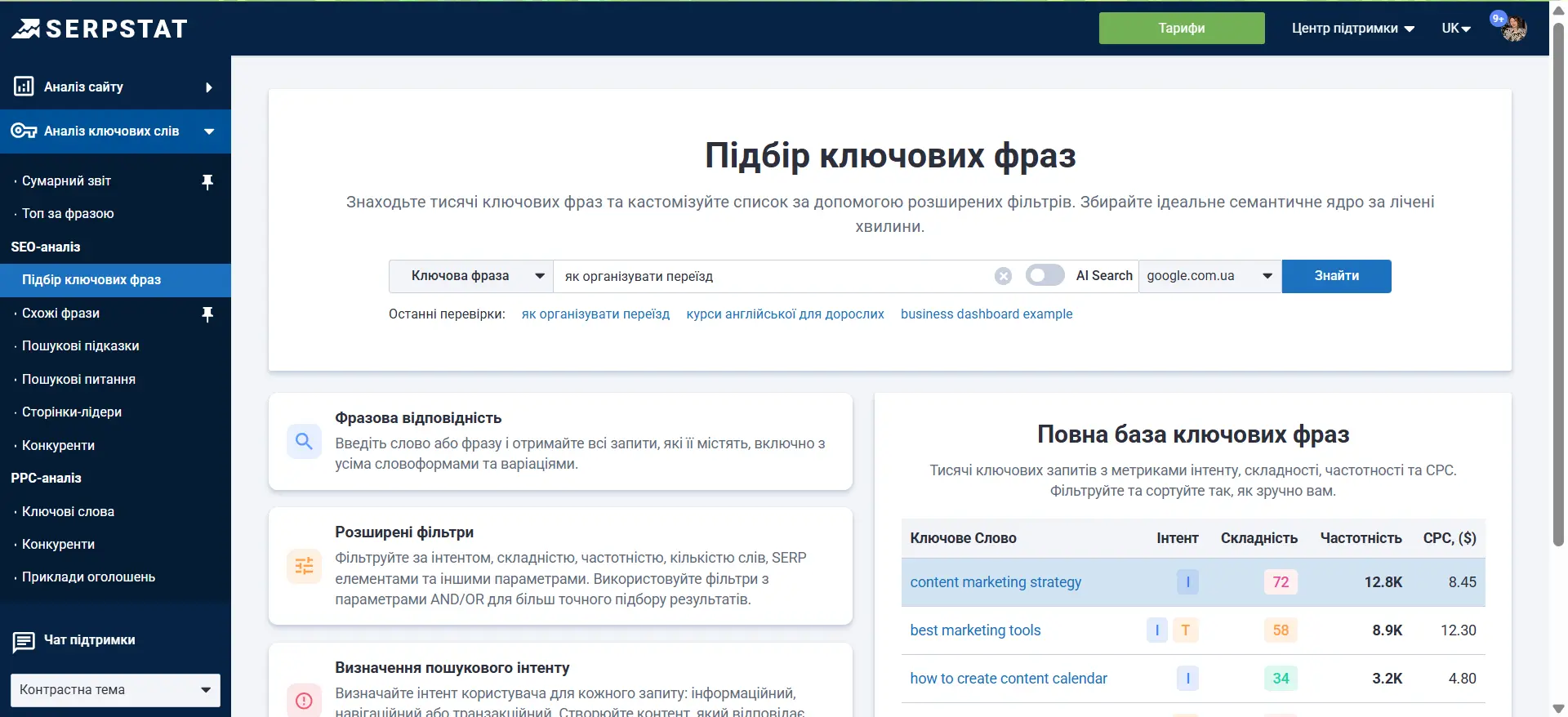 Serpstat Підбір ключових фраз