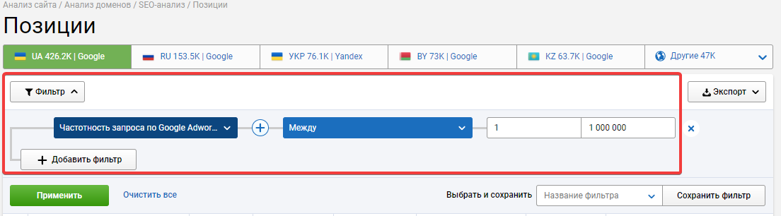 Фильтруем позиции по частотности запросов в Google AdWords