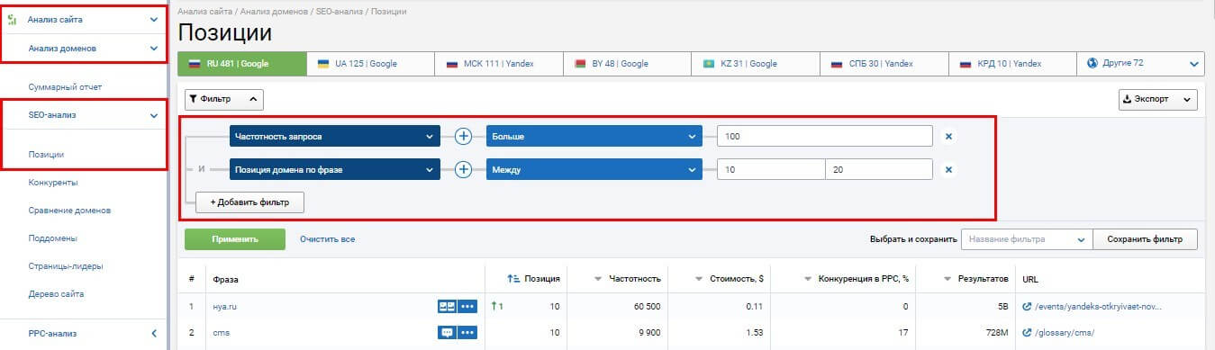 Настройте фильтр ключей для SEO-анализа позиции домена