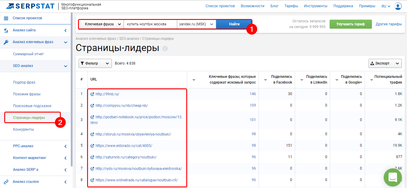 Как найти релевантные страницы конкурентов по искомой фразе: инструмент: Страницы-лидеры