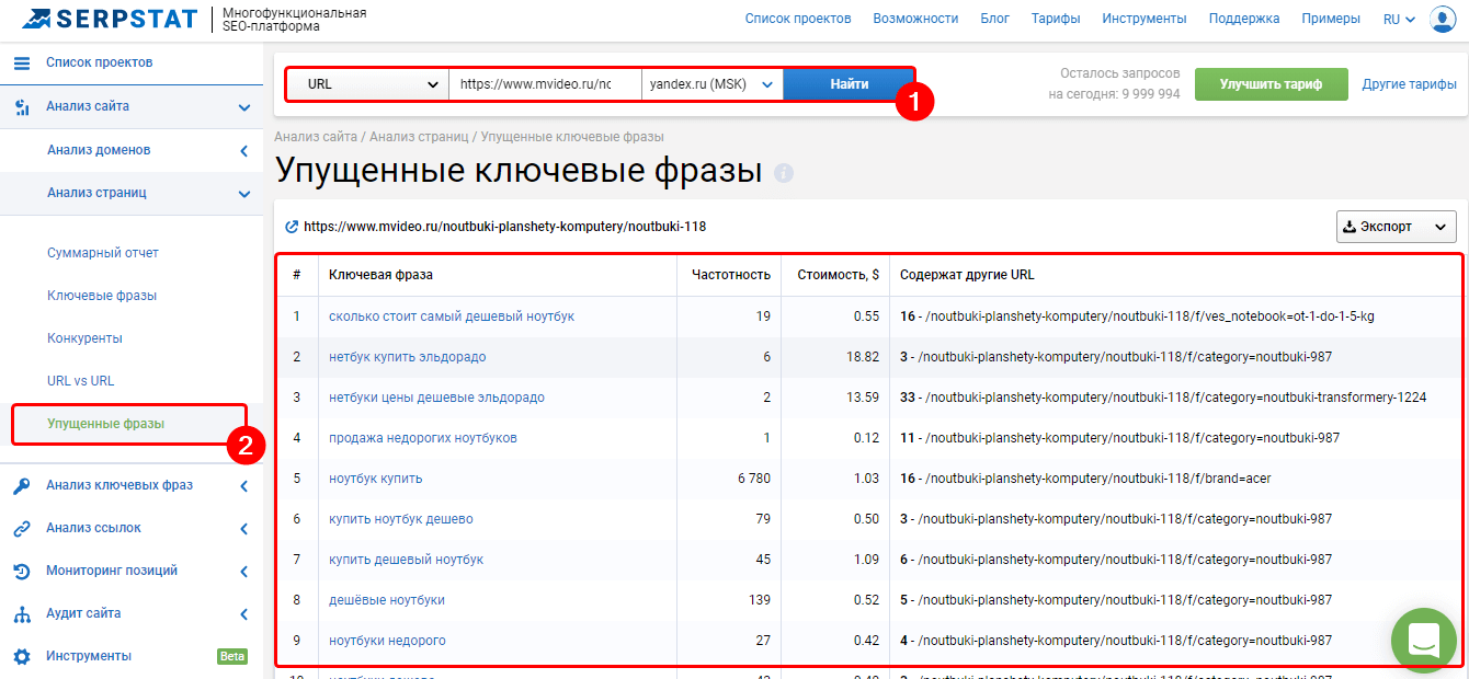Как собрать фразы, по которым конкуренты ранжируются в топ-20: Инструмент Упущенные фразы