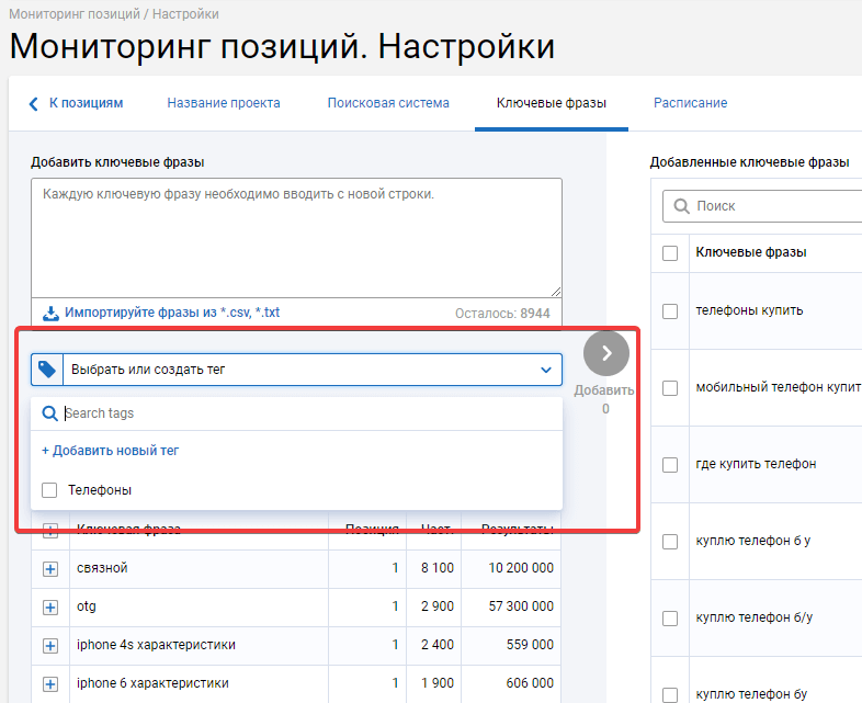 Как добавить теги при мониторинге позиций