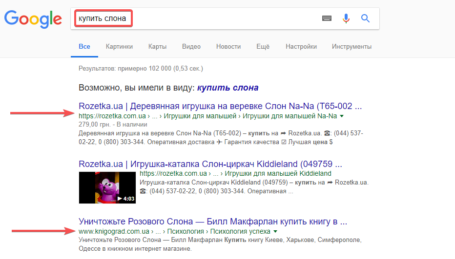 Пример автоисправлений Google и разной поисковой выдачи на запросы с ошибками