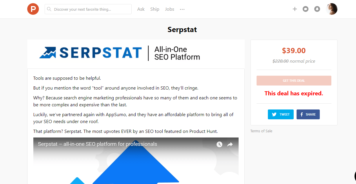 AppSumo Serpstat​ campaign