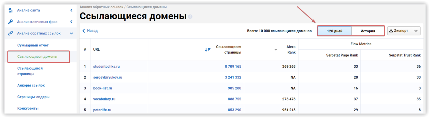 Анализ ссылающихся доменов по истории за пол года или за 5 лет
