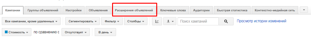Настройка расширений на уровне всей рекламной кампании