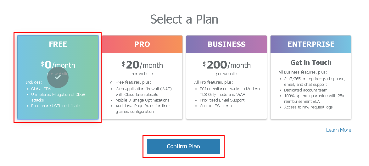 Тарифные планы CloudFlare
