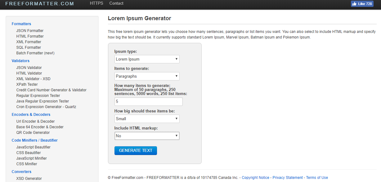 Lorem Ipsum генератор Freeformatter.com