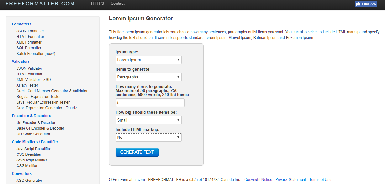 Lorem Ipsum генератор Freeformatter.com 