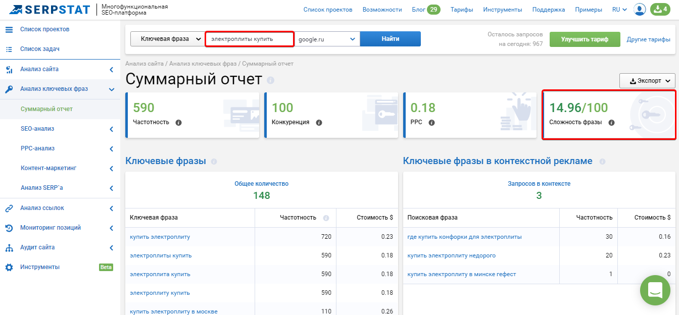рассчет сложности собранных фраз