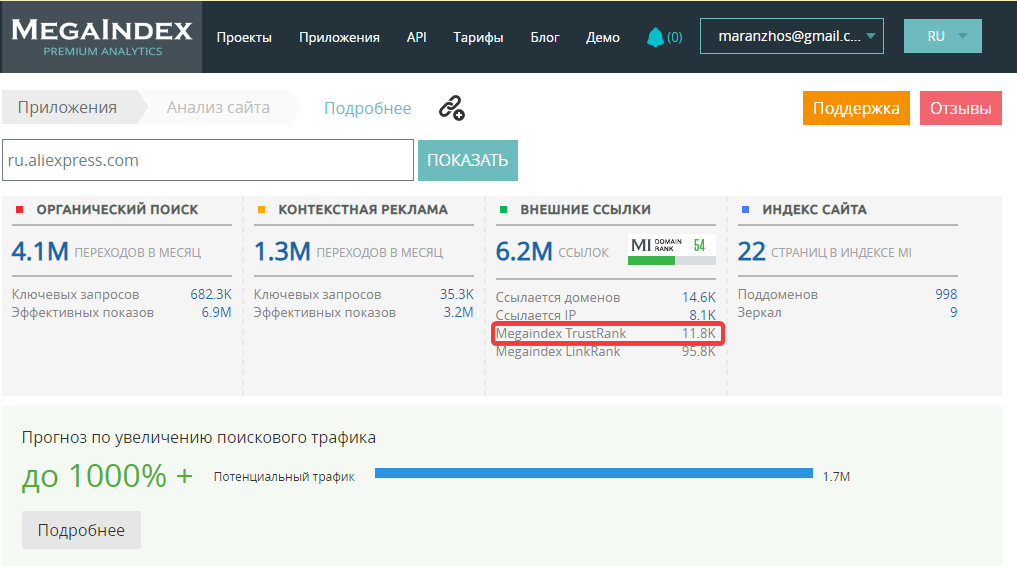 Проверка трастовости сайта в сервисе MegaIndex