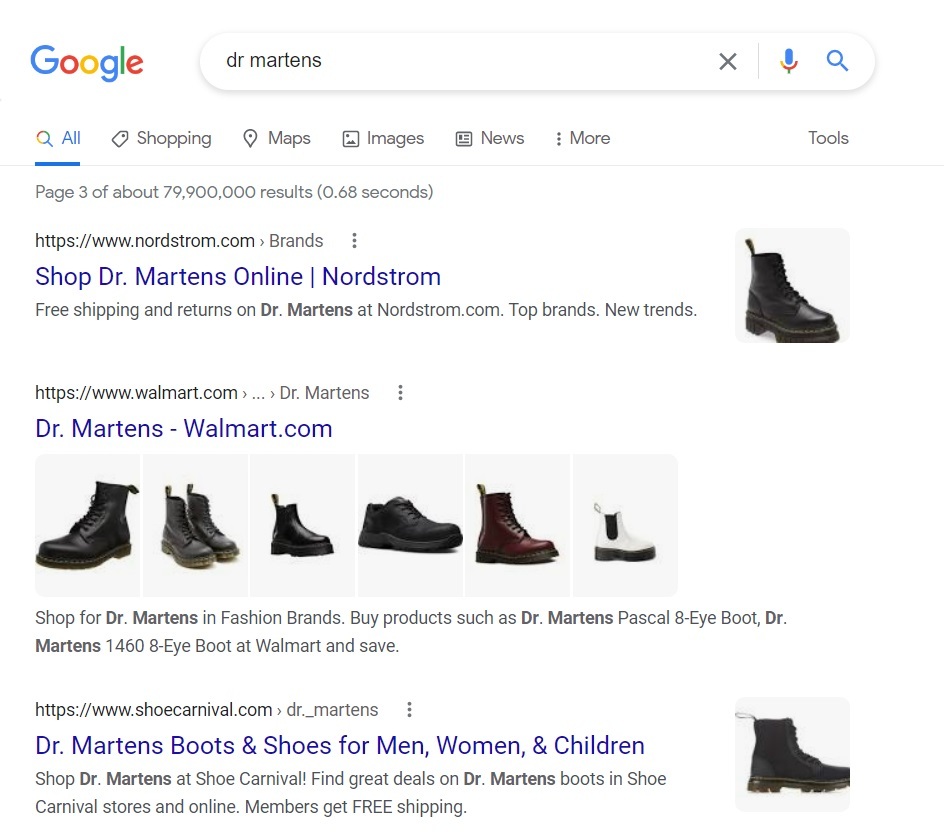 Looking for competitors in organic search results by a target keyword (we used "dr martens" query for this screenshot). 