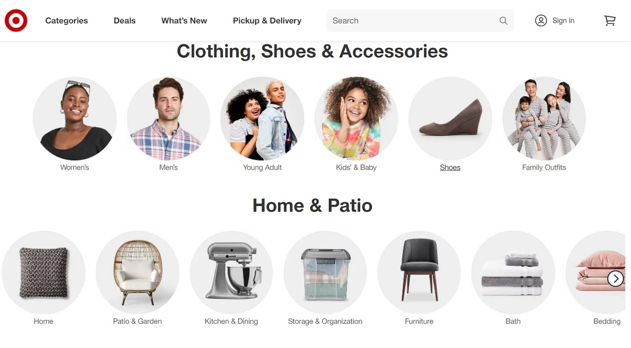Target category page: "Clothing, Shoes, Accessories", "Home and Patio". Here you can find keywords that you can use on your website.