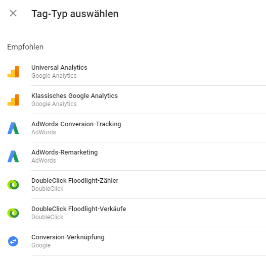 Auswahl des Tag-Typs Google Analytics