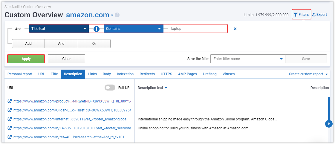 Добавляем фильтры для персонального SEO-отчета