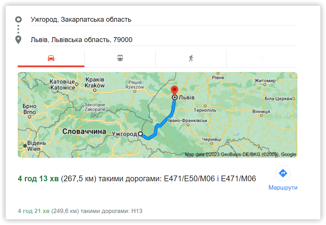 Сниппет google карта с маршрутом route map