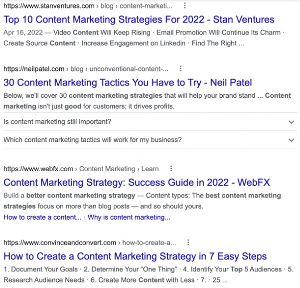 Example: what we get in Google search bar when typing "best strategies for content marketing"