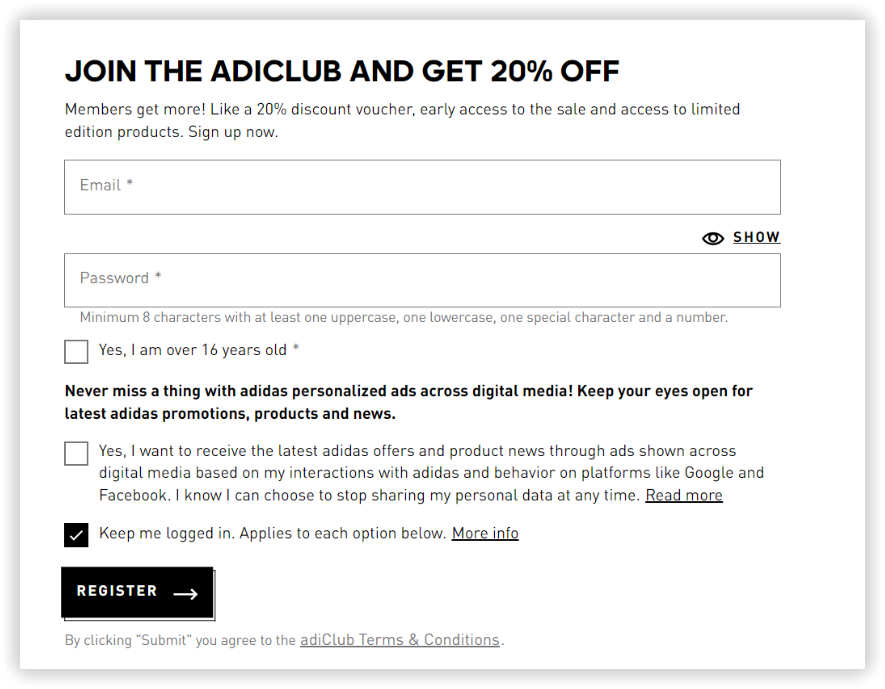 Умови реєстрації, Adidas
